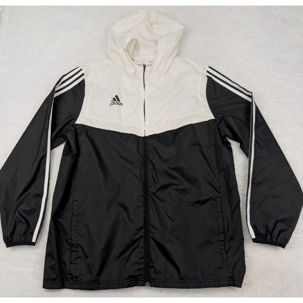 Adidas Three Stripe Hooded Track Jacket Men's L Black/White Full Zip Windbreaker